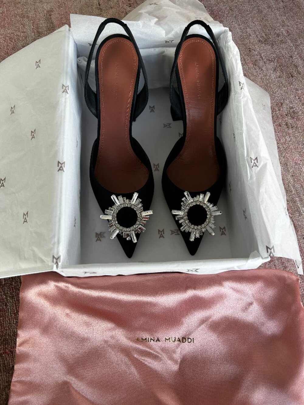Amina Muaddi Black Satin Begum 95mm Heels